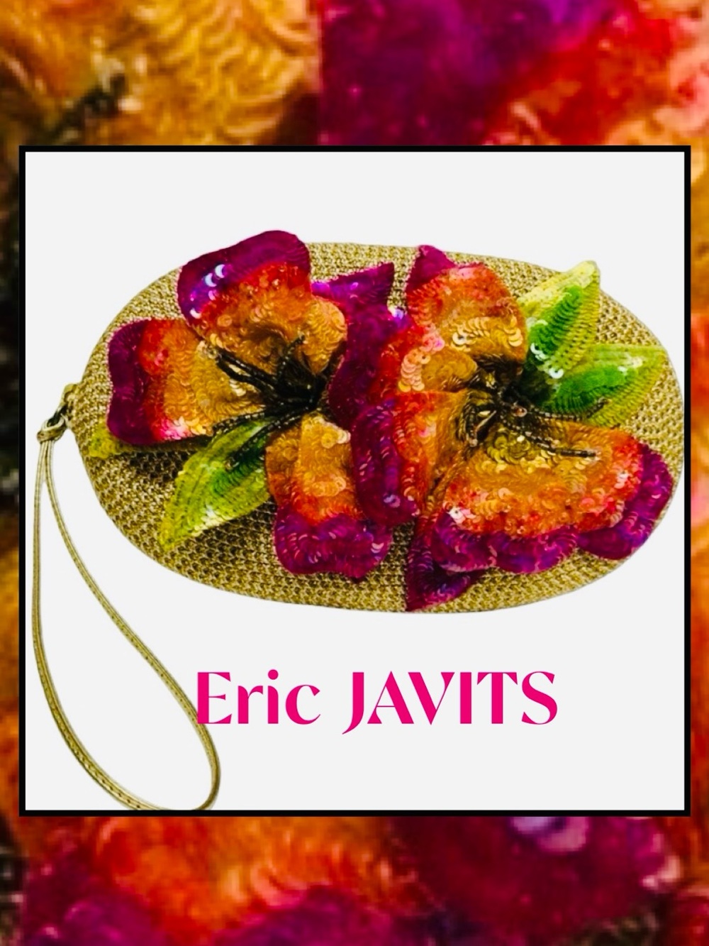 ERIC JAVITS Gold Lurex Sequin Flowers Oval wristlet Purse NEW